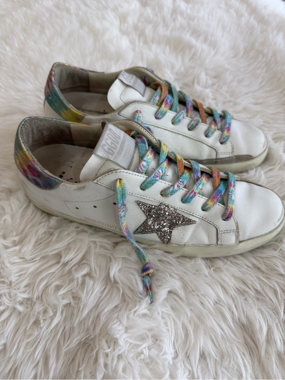 Golden Goose White Leather with Glitter Star multicolor laces Size 40 US 10